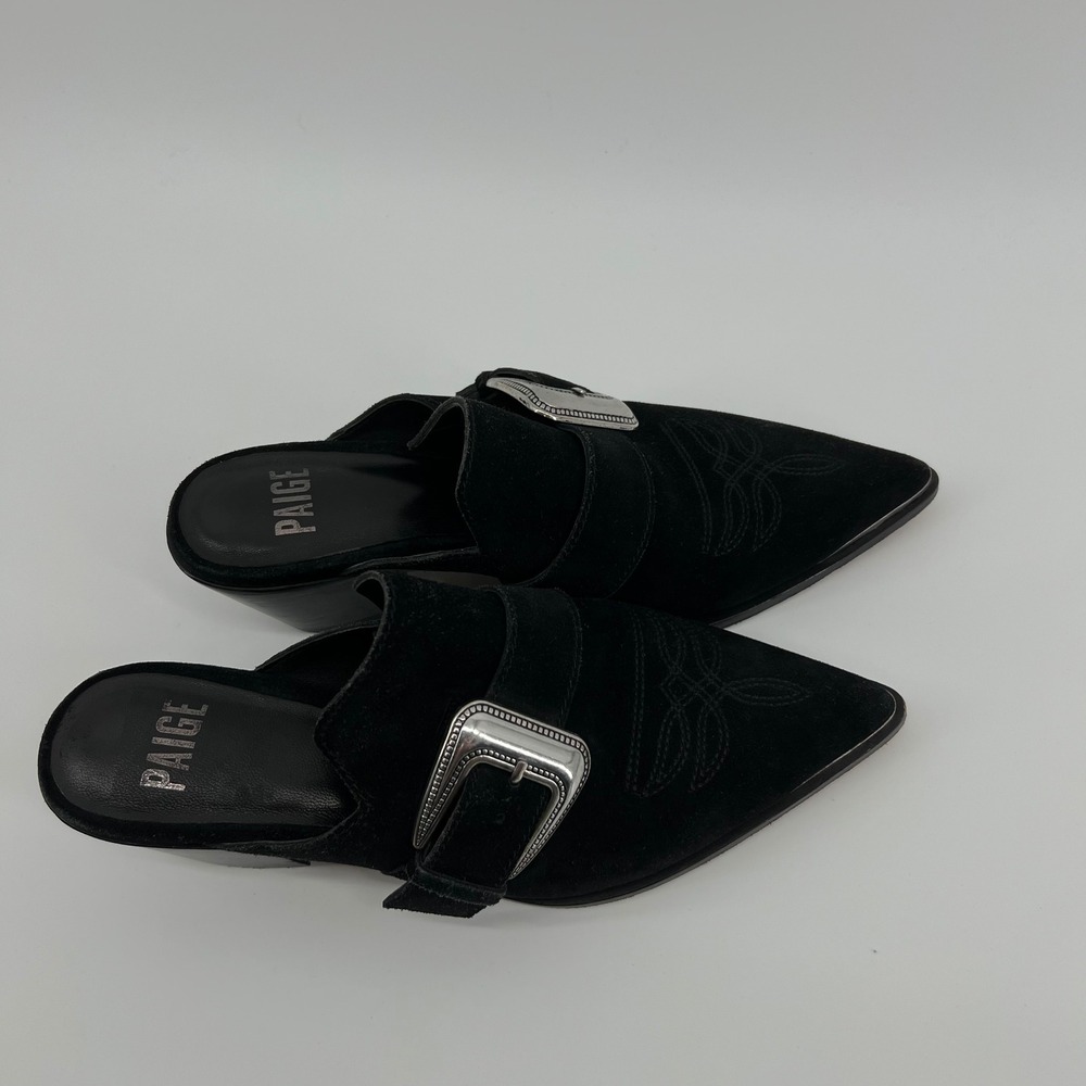 PAIGE Black Kensington Surde Western Mules Buckle Pointed Toe Block Heel Women 7